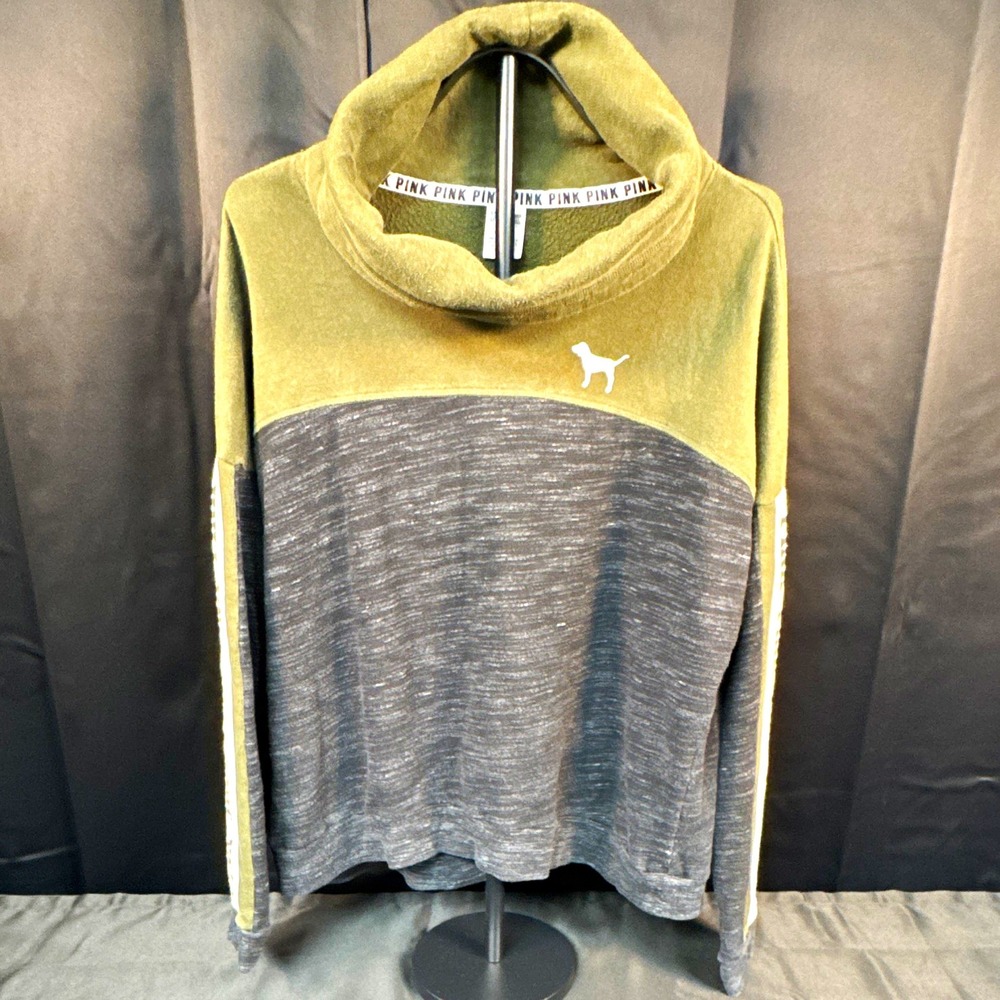 PINK Womens Olive Gray Colorblock Cowl Neck Heathered Pullover Sweater Lg